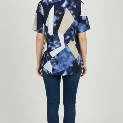 Kadın Desenli Püsküllü Viskon Bluz Bebe Yaka Kısa Kollu Big Size Rahat Kesim - Desenli