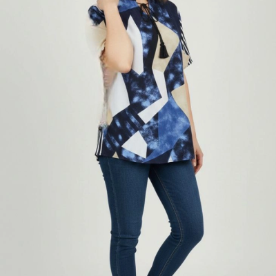 Kadın Desenli Püsküllü Viskon Bluz Bebe Yaka Kısa Kollu Big Size Rahat Kesim - Desenli