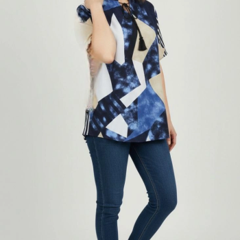 Kadın Desenli Püsküllü Viskon Bluz Bebe Yaka Kısa Kollu Big Size Rahat Kesim - Desenli