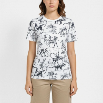 Kadın Dinozor Dijıtal ön ve arka Baskılı Tişört Bisiklet Yaka T-Shirt - Beyaz