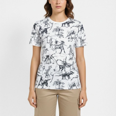 Kadın Dinozor Dijıtal ön ve arka Baskılı Tişört Bisiklet Yaka T-Shirt - Beyaz