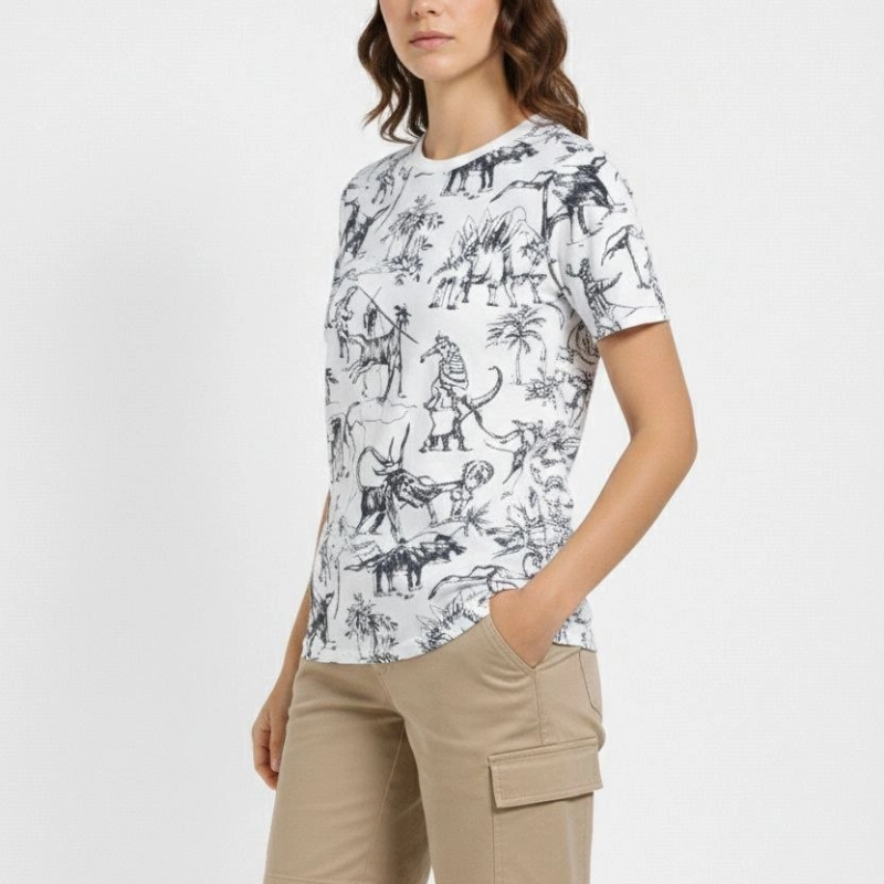 Kadın Dinozor Dijıtal ön ve arka Baskılı Tişört Bisiklet Yaka T-Shirt - Beyaz