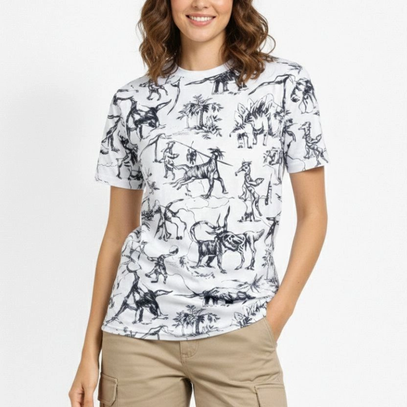 Kadın Dinozor Dijıtal ön ve arka Baskılı Tişört Bisiklet Yaka T-Shirt - Beyaz