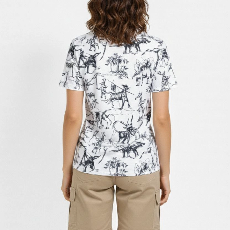 Kadın Dinozor Dijıtal ön ve arka Baskılı Tişört Bisiklet Yaka T-Shirt - Beyaz