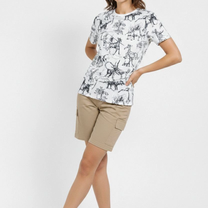 Kadın Dinozor Dijıtal ön ve arka Baskılı Tişört Bisiklet Yaka T-Shirt - Beyaz