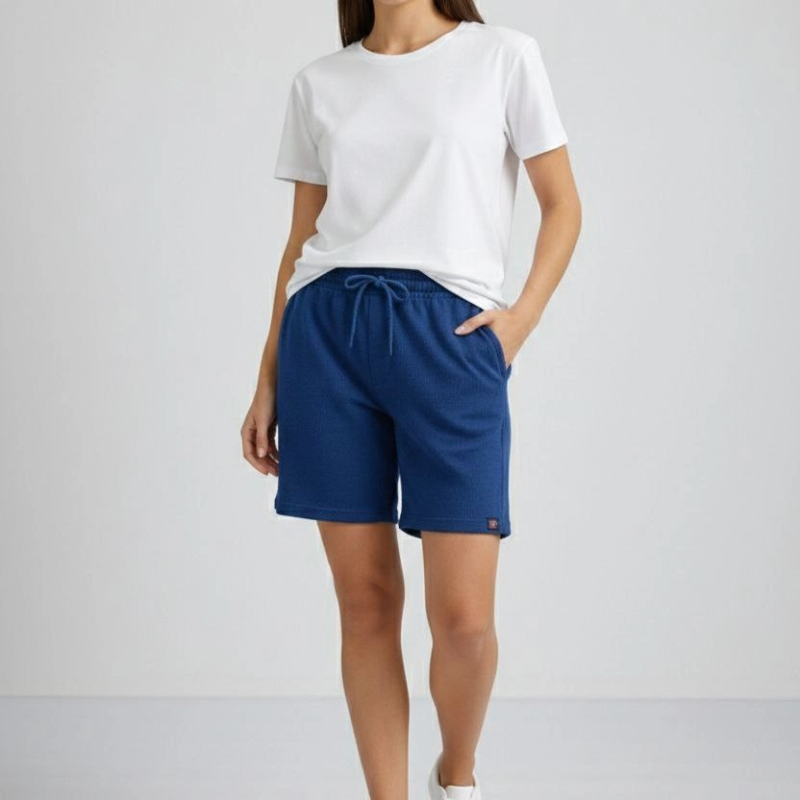 Kadın Dokuma otoban Şort Beli Lastikli Bağcıklı Cepli Kesim Şort - İndigo