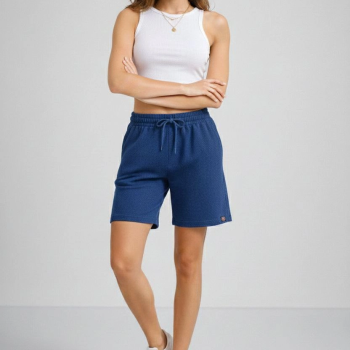 Kadın Dokuma otoban Şort Beli Lastikli Bağcıklı Cepli Kesim Şort - İndigo