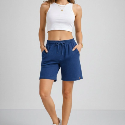 Kadın Dokuma otoban Şort Beli Lastikli Bağcıklı Cepli Kesim Şort - İndigo