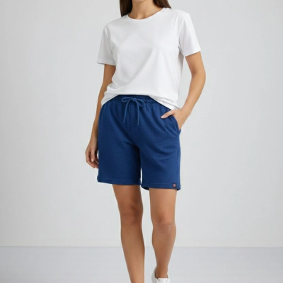 Kadın Dokuma otoban Şort Beli Lastikli Bağcıklı Cepli Kesim Şort - İndigo