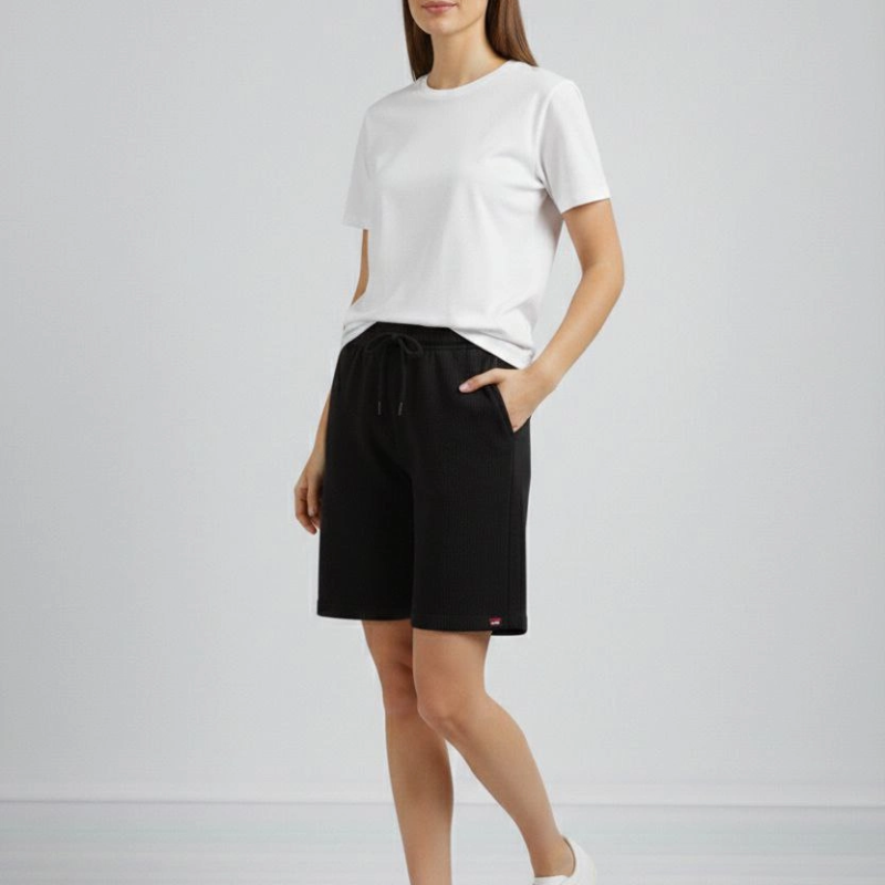 Kadın Dokuma otoban Şort Beli Lastikli Bağcıklı Cepli Kesim Şort - Siyah