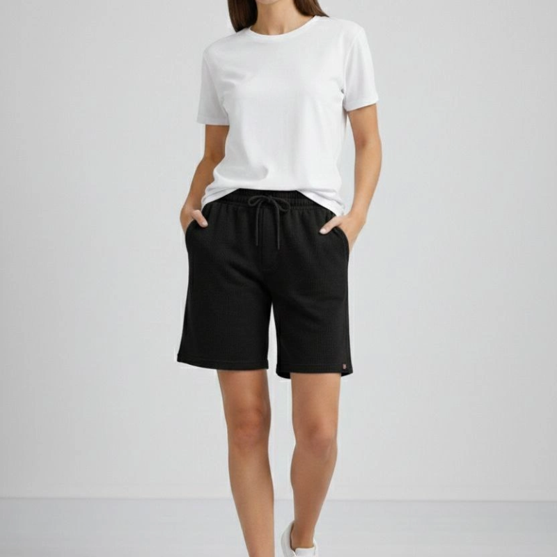 Kadın Dokuma otoban Şort Beli Lastikli Bağcıklı Cepli Kesim Şort - Siyah