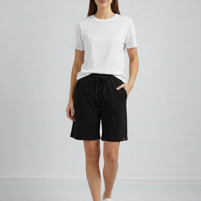 Kadın Dokuma otoban Şort Beli Lastikli Bağcıklı Cepli Kesim Şort - Siyah