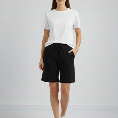 Kadın Dokuma otoban Şort Beli Lastikli Bağcıklı Cepli Kesim Şort - Siyah