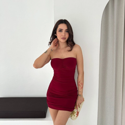 Kadın Drapeli Straplez Mini Elbise Esnek Kumaş Vücuda Oturan Gece Elbisesi - Bordo