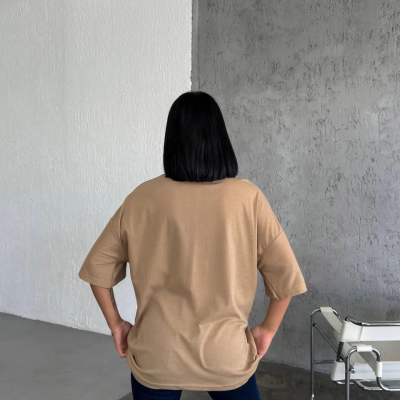 Kadın Düz T-Shirt Kısa Kol Bisiklet Yaka Oversize Rahat Kalıp Günlük Tişört - Bej