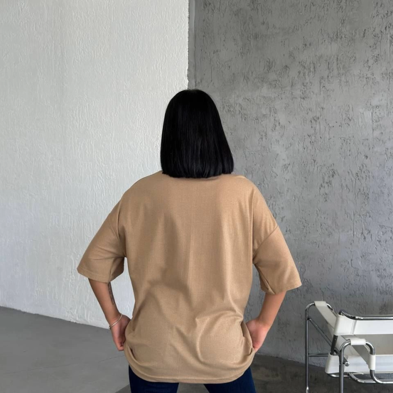 Kadın Düz T-Shirt Kısa Kol Bisiklet Yaka Oversize Rahat Kalıp Günlük Tişört - Bej