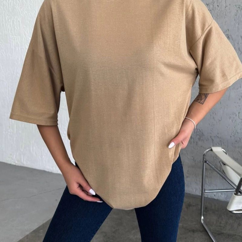 Kadın Düz T-Shirt Kısa Kol Bisiklet Yaka Oversize Rahat Kalıp Günlük Tişört - Bej