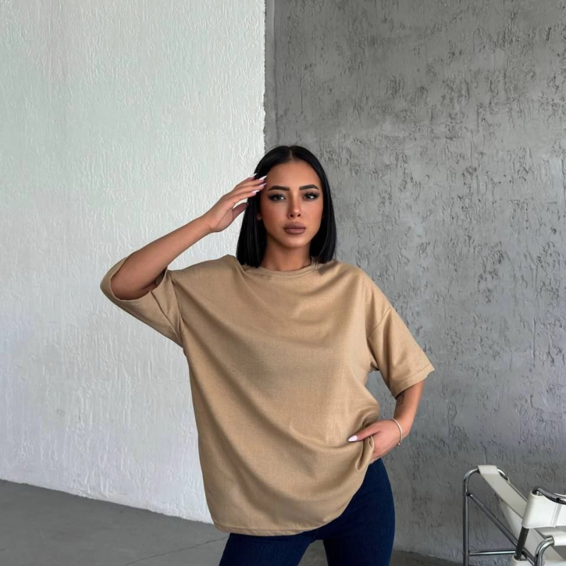 Kadın Düz T-Shirt Kısa Kol Bisiklet Yaka Oversize Rahat Kalıp Günlük Tişört - Bej
