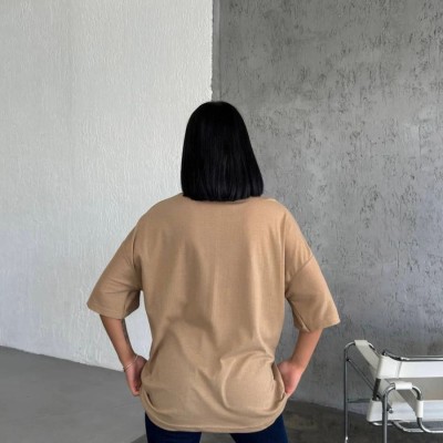 Kadın Düz T-Shirt Kısa Kol Bisiklet Yaka Oversize Rahat Kalıp Günlük Tişört - Bej