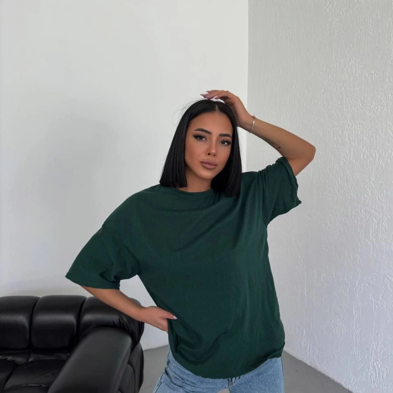 Kadın Düz T-Shirt Kısa Kol Bisiklet Yaka Oversize Rahat Kalıp Günlük Tişört - Haki