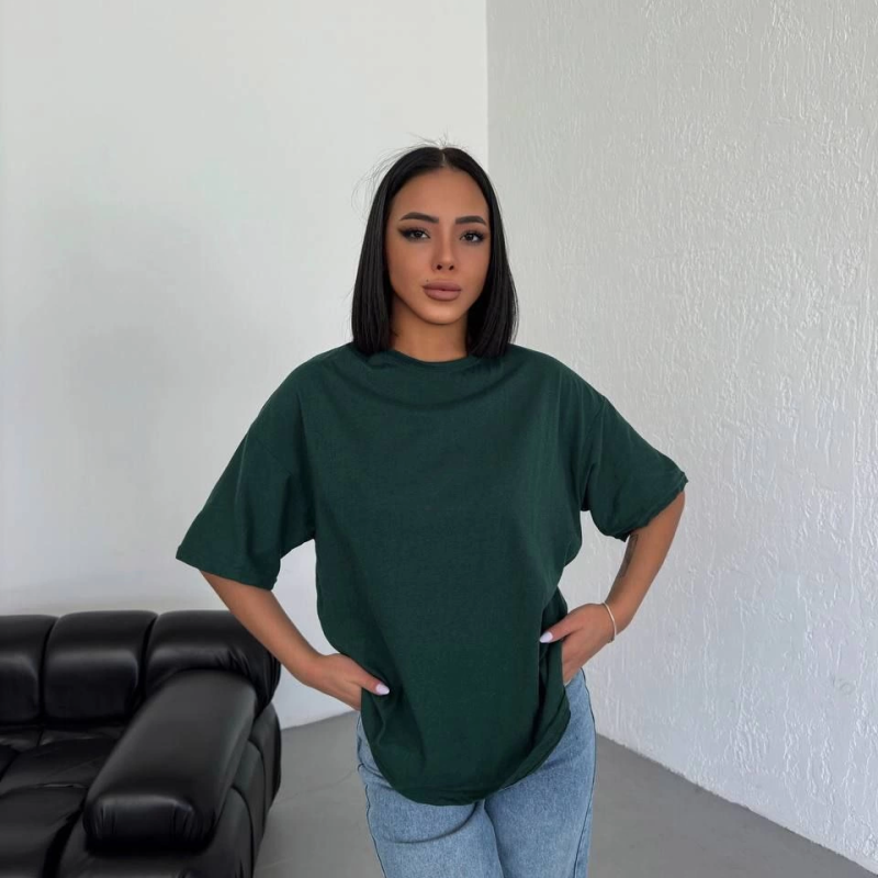 Kadın Düz T-Shirt Kısa Kol Bisiklet Yaka Oversize Rahat Kalıp Günlük Tişört - Haki