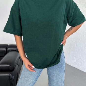 Kadın Düz T-Shirt Kısa Kol Bisiklet Yaka Oversize Rahat Kalıp Günlük Tişört - Haki