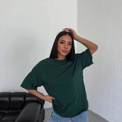 Kadın Düz T-Shirt Kısa Kol Bisiklet Yaka Oversize Rahat Kalıp Günlük Tişört - Haki