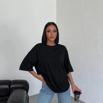 Kadın Düz T-Shirt Kısa Kol Bisiklet Yaka Oversize Tişört - Siyah