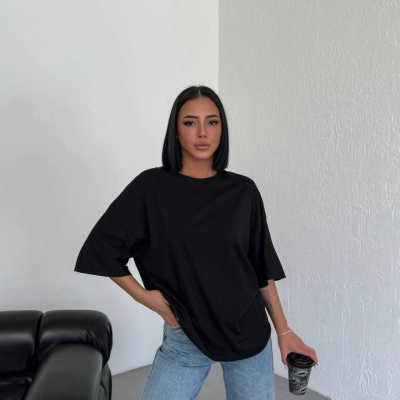 Kadın Düz T-Shirt Kısa Kol Bisiklet Yaka Oversize Tişört - Siyah