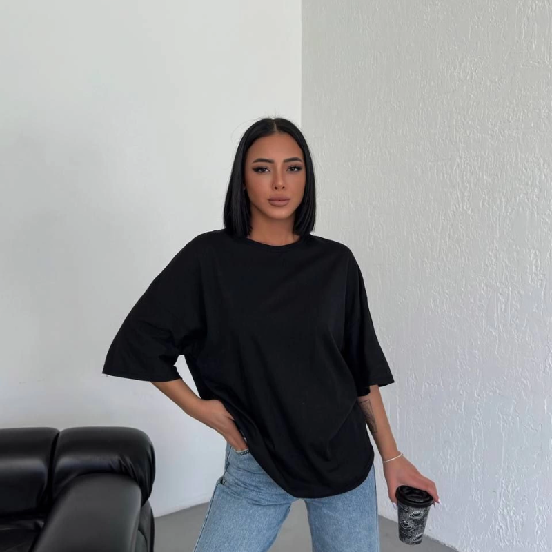 Kadın Düz T-Shirt Kısa Kol Bisiklet Yaka Oversize Tişört - Siyah