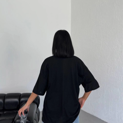 Kadın Düz T-Shirt Kısa Kol Bisiklet Yaka Oversize Tişört - Siyah