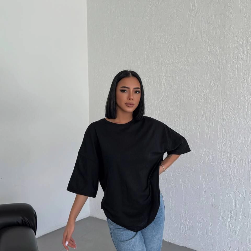Kadın Düz T-Shirt Kısa Kol Bisiklet Yaka Oversize Tişört - Siyah