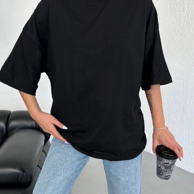 Kadın Düz T-Shirt Kısa Kol Bisiklet Yaka Oversize Tişört - Siyah