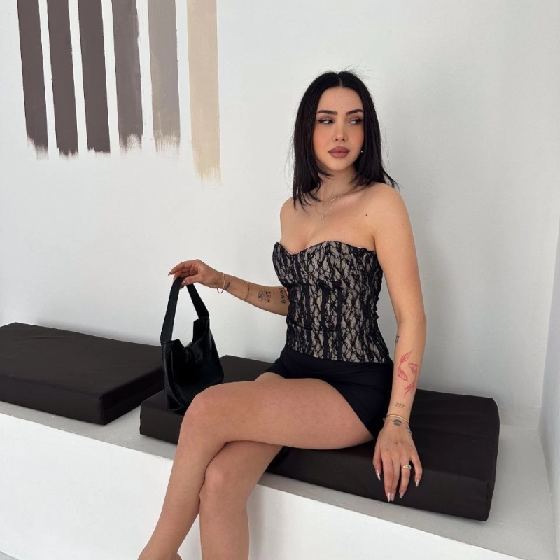 Kadın Fermuarlı Dantel Korse Straplez Bustiyer Transparan Şık Top - Bej