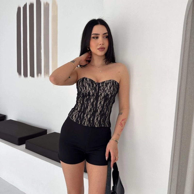 Kadın Fermuarlı Dantel Korse Straplez Bustiyer Transparan Şık Top - Bej