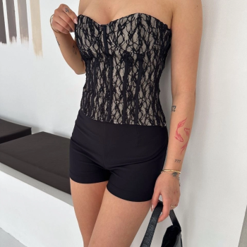 Kadın Fermuarlı Dantel Korse Straplez Bustiyer Transparan Şık Top - Bej