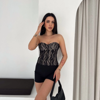 Kadın Fermuarlı Dantel Korse Straplez Bustiyer Transparan Şık Top - Bej