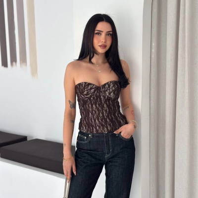 Kadın Fermuarlı Dantel Korse Straplez Bustiyer Transparan Şık Top - Kahverengi