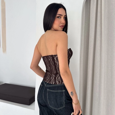 Kadın Fermuarlı Dantel Korse Straplez Bustiyer Transparan Şık Top - Kahverengi