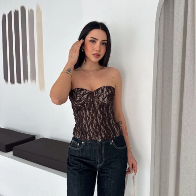 Kadın Fermuarlı Dantel Korse Straplez Bustiyer Transparan Şık Top - Kahverengi