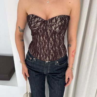 Kadın Fermuarlı Dantel Korse Straplez Bustiyer Transparan Şık Top - Kahverengi