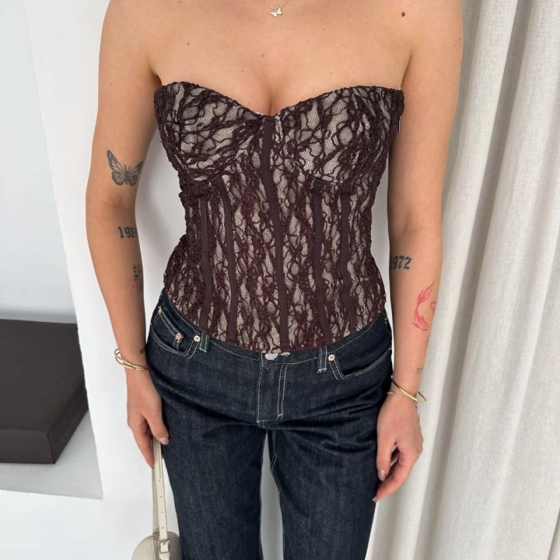 Kadın Fermuarlı Dantel Korse Straplez Bustiyer Transparan Şık Top - Kahverengi