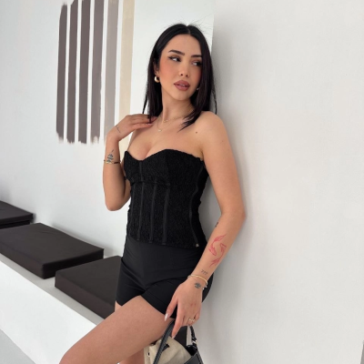 Kadın Fermuarlı Dantel Korse Straplez Bustiyer Transparan Şık Top - Siyah
