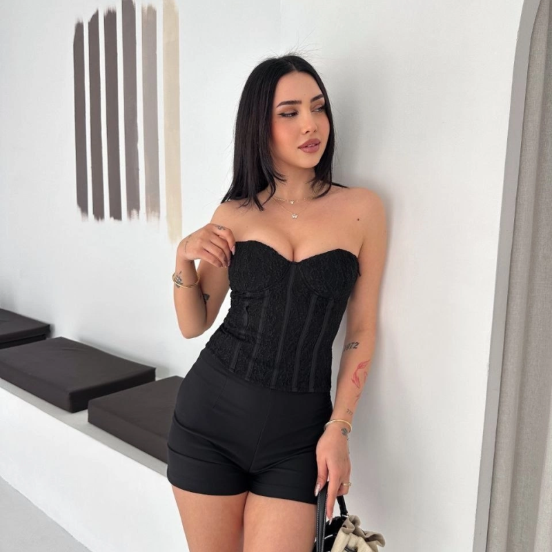 Kadın Fermuarlı Dantel Korse Straplez Bustiyer Transparan Şık Top - Siyah