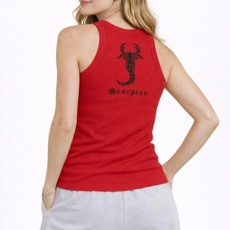 Kadın Fitilli Atlet Sıfır Yaka Slim Fit Arka Baskılı Spor Atlet - Kırmızı