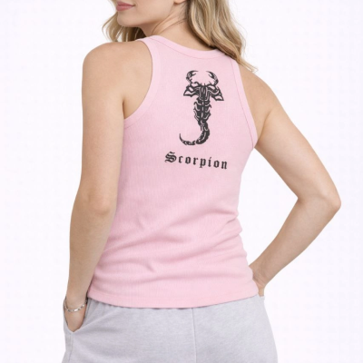 Kadın Fitilli Atlet Sıfır Yaka Slim Fit Arka Baskılı Spor Atlet - Pembe