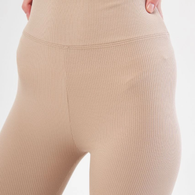 Kadın Fitilli Full Likralı Yüksek Bel Toparlayıcı Tayt Günlük ve Spor Kullanım - Bej