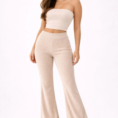 Kadın Fitilli Kaşkorse İspanyol Paça Tayt Yüksek Bel Esnek Pantolon - Bej