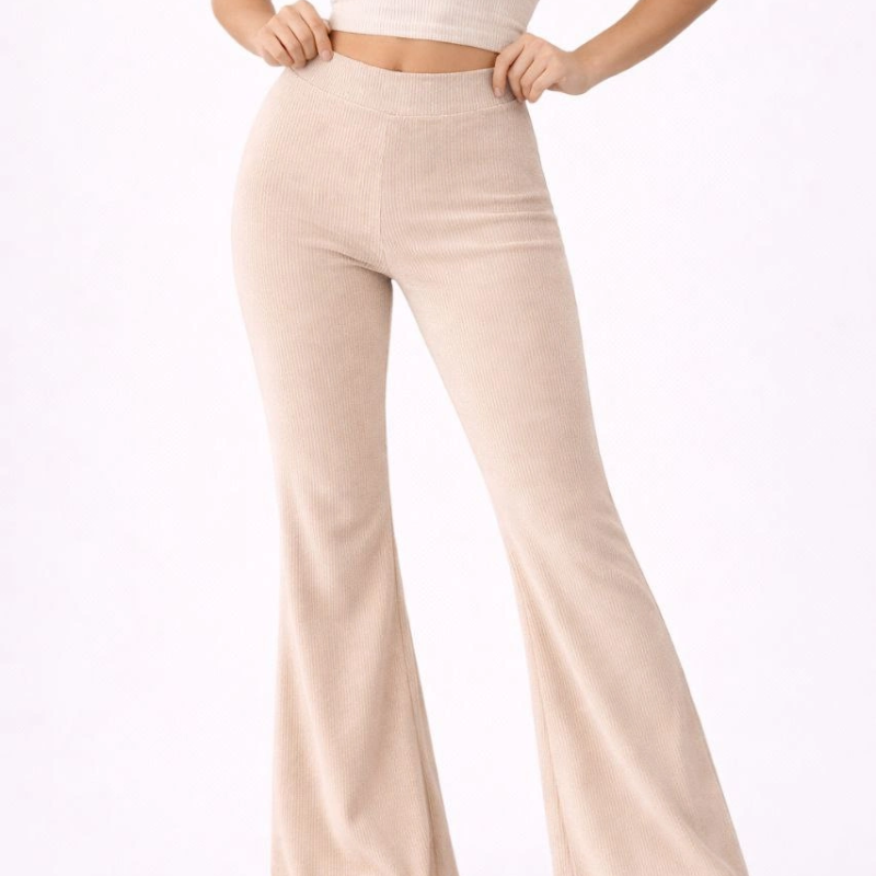 Kadın Fitilli Kaşkorse İspanyol Paça Tayt Yüksek Bel Esnek Pantolon - Bej