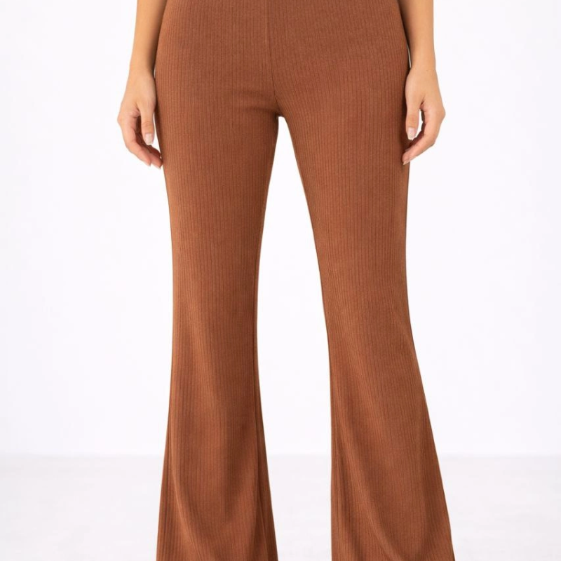 Kadın Fitilli Kaşkorse İspanyol Paça Tayt Yüksek Bel Esnek Pantolon - Kahverengi